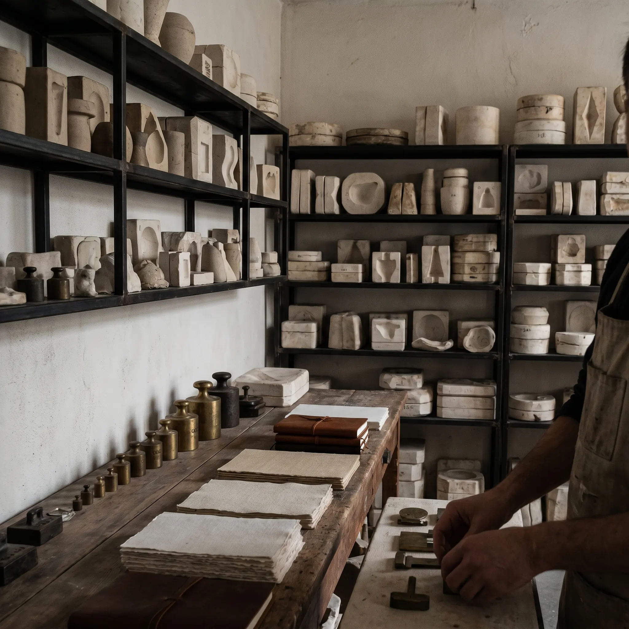 A semantic foundry studio with definition molds, paper, and calibration weights