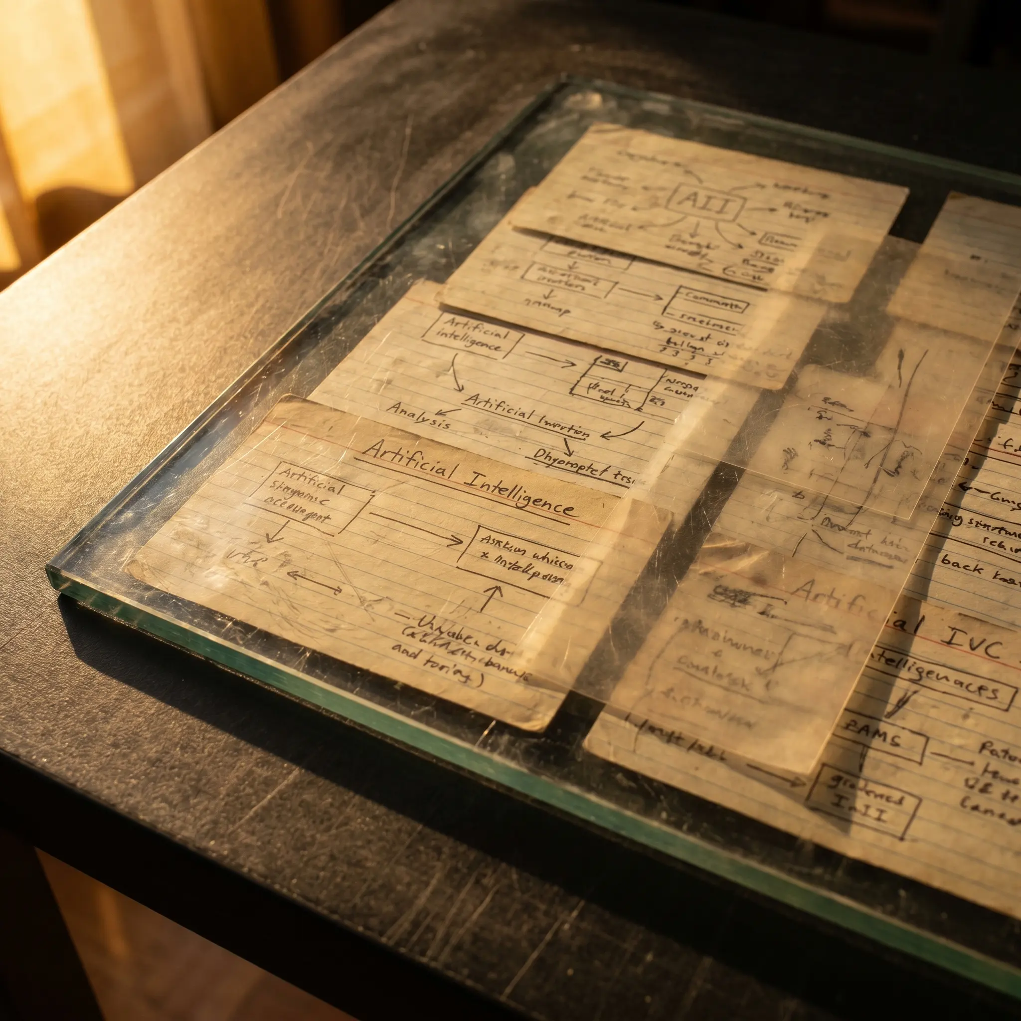 Annotated cards under glass used as fallback image for LLM definition articles