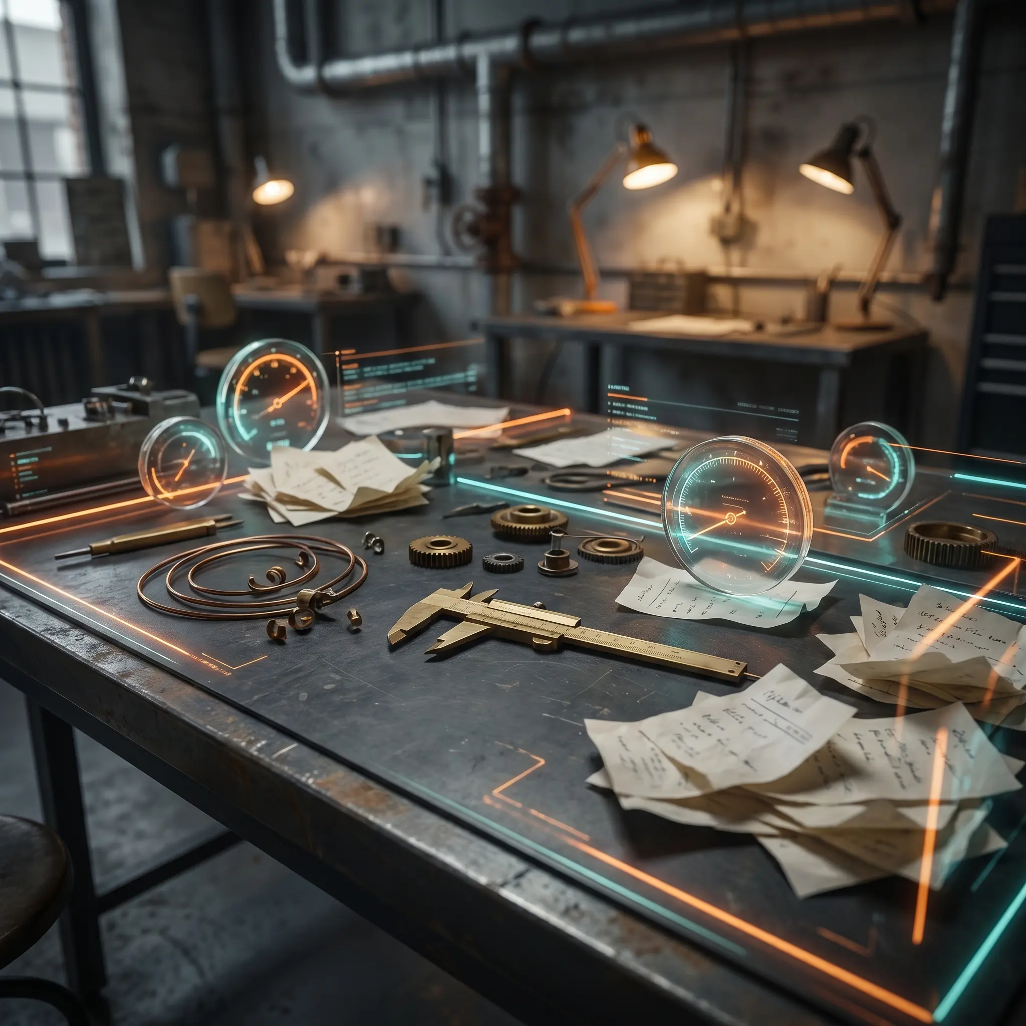 A dark workbench with semantic gauges and calibration tools for LLM definitions