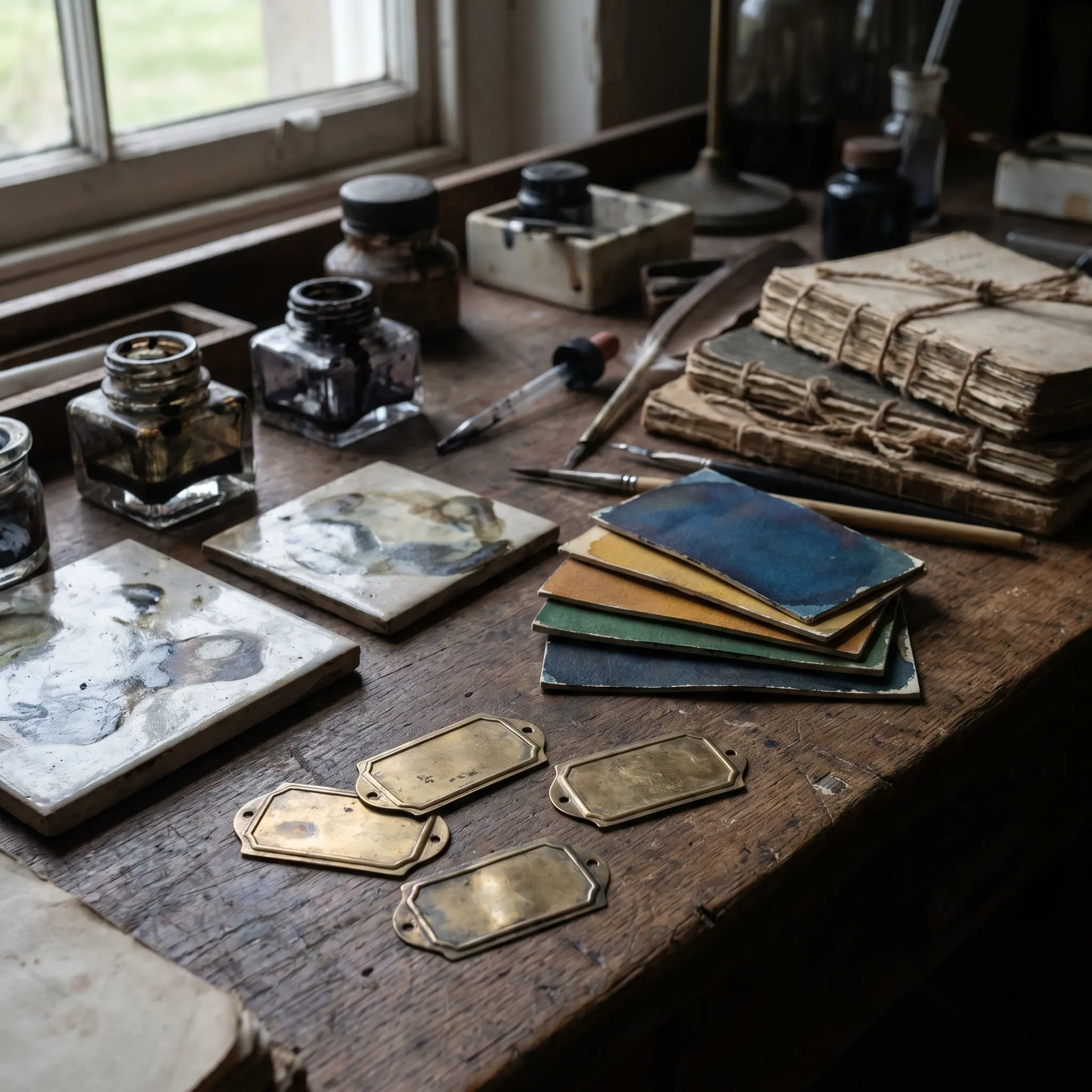 Brass labels, ink wells, calibration swatches, and tools on a naming laboratory bench